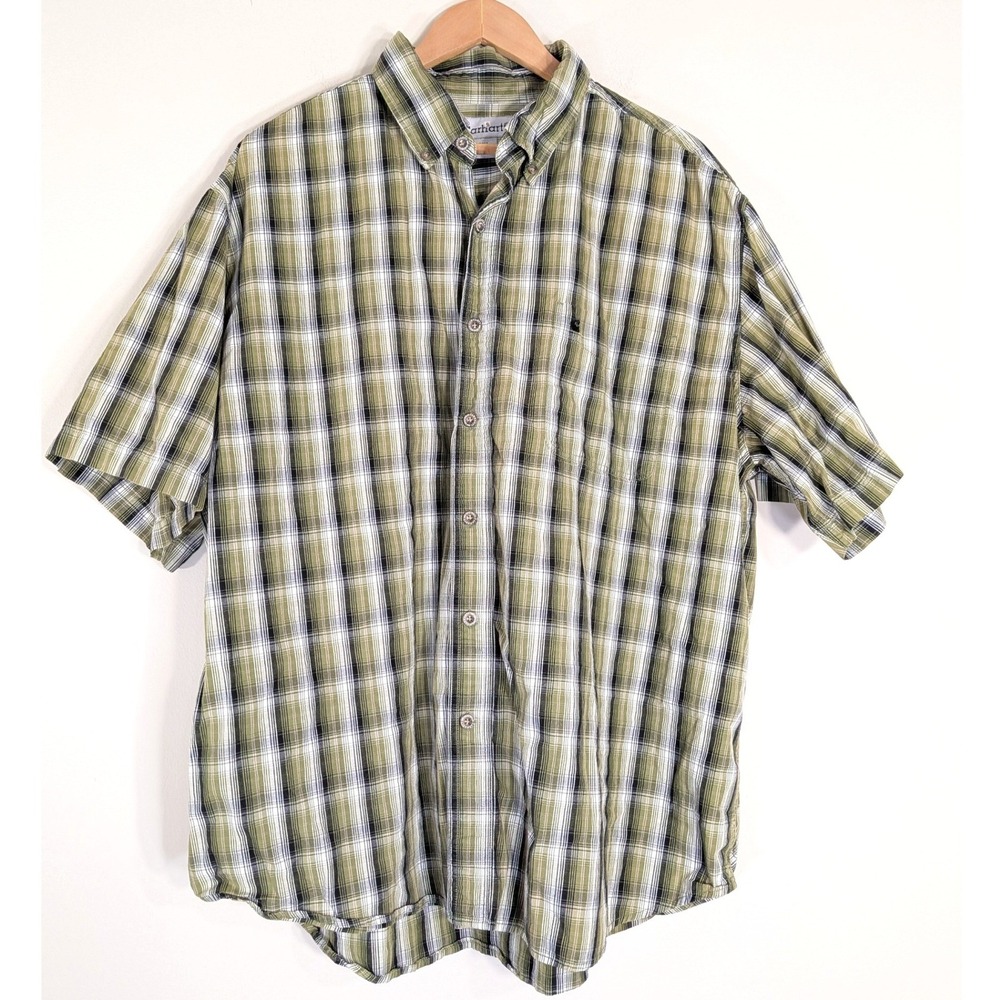 Carhartt Green Plaid Button Down Shirt; Short Sleeve, Cotton, Casual